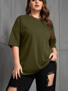 Women's Plus Size Plain Crew Neck T-Shirt,  And Oversized - 軍綠色 - 查看 3