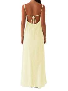 Women Long Dress Lace Patchwork Sleeveless Cami Dress Summer Tie-Up Backless Spaghetti Strap Dress - 黃色 - 查看 5
