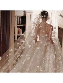 新娘头纱，3D 蝴蝶，白色珍珠，奢华珍珠，超大拖尾头纱，适合婚礼、拍照道具、派对装饰 - 彩色 - 查看 3