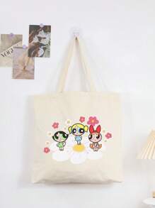 THE POWERPUFF GIRLS Cartoon Superhero Policewoman Minimalist & Stylish Canvas Shoulder Tote Bag, Casual Large Capacity Daily Work Commute Foldable Shopping Handbag