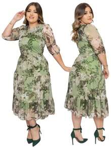 Plus Size Midi Dress Tulle Mesh Three Marias Evangelical Fashion Party Events Santa Modas - Xanh-Hoa - Xem 5