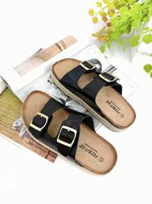 Sandalo basso da donna in sughero con fibbia alla moda, fresco, leggero, antiscivolo e con plateau di 3 cm, ideale per l'uso quotidiano.