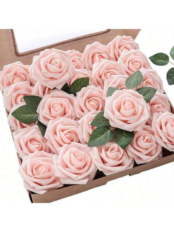 25pcs Lifelike Ivory Foam Rose Flowers With Stems, Artificial Roses For DIY Wedding Bouquet, Bride Gift, Party Table Decorations