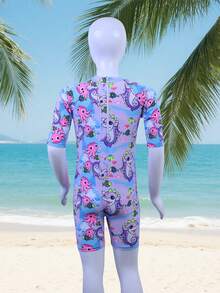 Traje de baño entero para niñas pequeñas de 4 a 12 años, con patrones cartonísticos de animales marinos, adorable y dulce. Traje de baño de mangas largas integrado para la playa, anti - solar. - Lila Púrpura - Ver 3