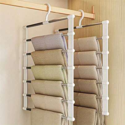 1pc Portable Folding Clothes Hanger, Multi-Functional Pants Rack, Trapezoid Pants Hanger, Stainless Steel Pants Rack, Multi-Layer Seamless Storage Pants Rack (This Product Requires Self-Assembly, Easy Installation) Suitable For Dress Pants, Shoes, Jeans, Boots, Skirts, Simple Style For Spring, Tops For Summer