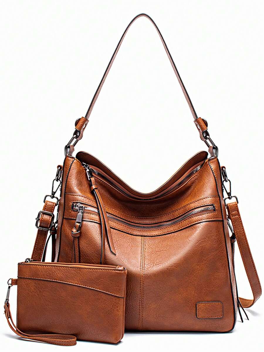 Set di borse da donna di grandi dimensioni realizzate in pelle PU di alta qualità: borsa a mano, borsa a tracolla, shopper e portafoglio – elegante borsa da città/lavoro – shopper, borsa da spiaggia, borsa piccola - Castano - Visualizzare 1