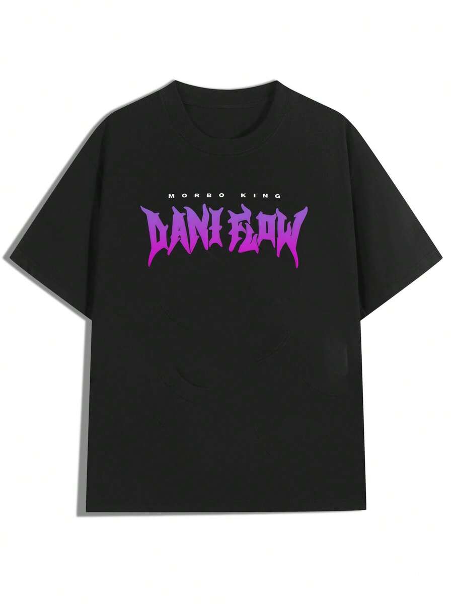 "MORBO KING DANIFLOW" Text T - Shirt ,Casual Print,Comfortable And Versatile,Letter Pattern Pure Cotton 220g Printed T-Shirt,Unisex Style - 黑色 - 查看 1