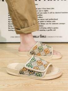 Men's Fashion Print Beige Flip Flops, Casual Outdoor Indoor Slippers For Summer