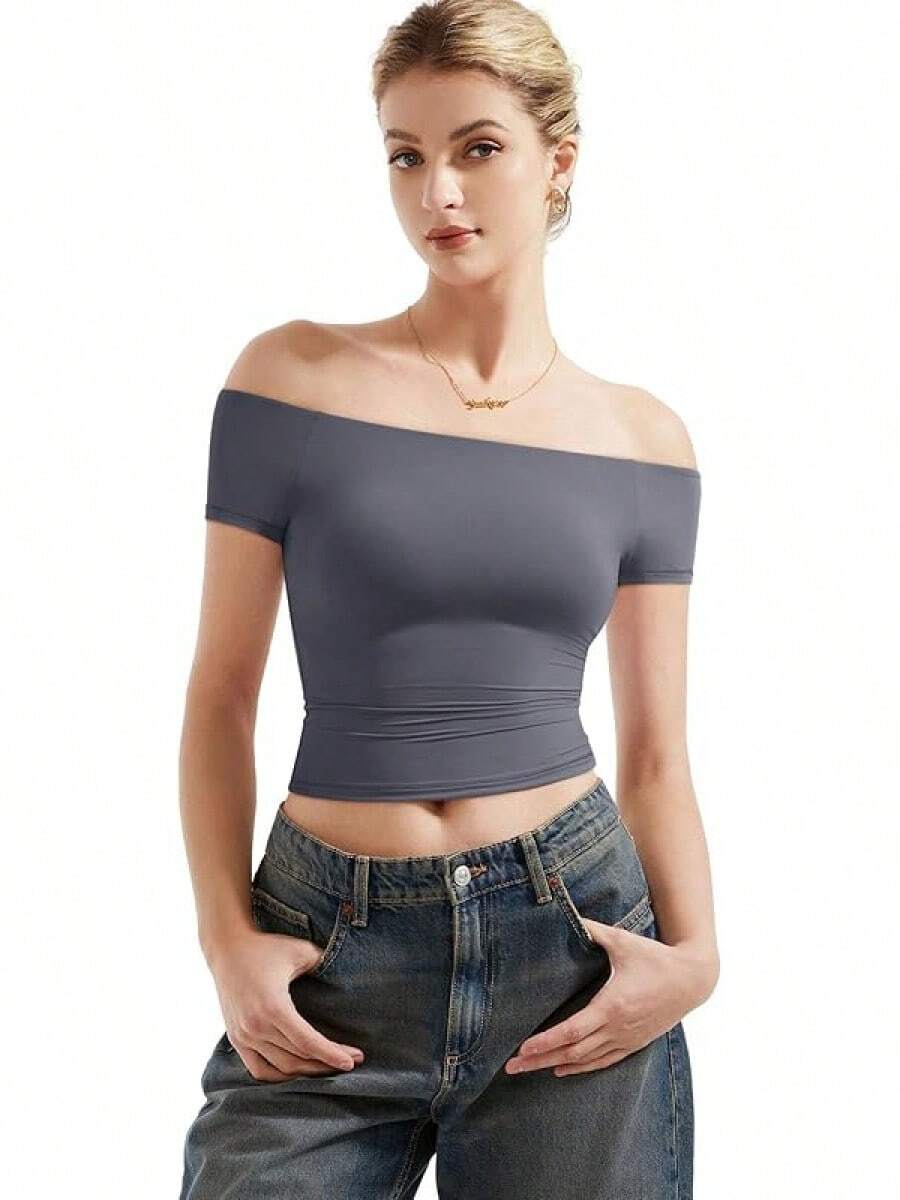 Women Double Lined Off Shoulder Tops Fitted Going Out Basic Shirts - Ash - View 1