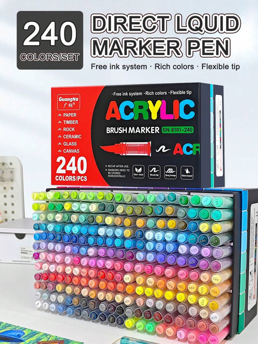 Guang Na 1 Set Of 240 Colors Felt Felt Acrylic Paint Markers Pens, Drawing Art Supplies Felt Stationery Set, Freely Ink System, Rich Colors, Clear Coloring Pages, Colour Can Be Stacked, Powerful Coverage, Pen Tip Flexible Soft, Highly Elastic, And Can Draw Freely In Coarse And Fine, Very Suitable For Mysterious Coloring, School Opens/Back To School Season Gifts, Canvas Shoes, T-Shirt Designs Etc Other Smooth Surfaces Colour Decoration