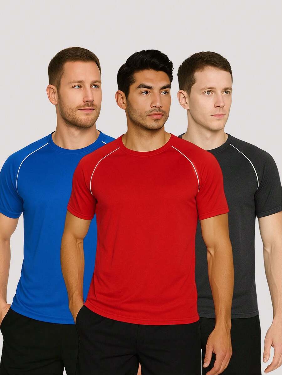 Kit With 3 T-Shirts Dry Fit Shirts Plain Black-White Gray Men's Short Sleeve - Casual - Training - Gym - Sports - Exercises - Running-Party - Đỏ - Xem 1