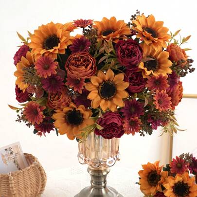 1/2/4PCS Artificial Sunflowers And Peonies Bouquet - Realistic Fabric Flowers For Bridal Wedding, Indoor/Outdoor Decor, And Holiday Celebrations - Suitable For Christmas, Easter, Halloween, Thanksgiving, And - Perfect For Fall DecorationsBride Holding Flowers, DIY Garden Craft Art Decor, Wedding Table Decorations