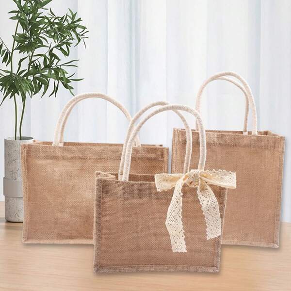 3/5pcs 38*27*19cm Natural Linen Bags, Plain Shopping Bags, Linen Gift Bags, DIY Vintage Linen Tote Bags, Wholesale Linen Handbags