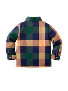 年轻男孩百搭海军蓝格子纽扣衬衫，适合派对、表演、正式场合、日常穿着，长袖 - 寶藍色 - 查看 2