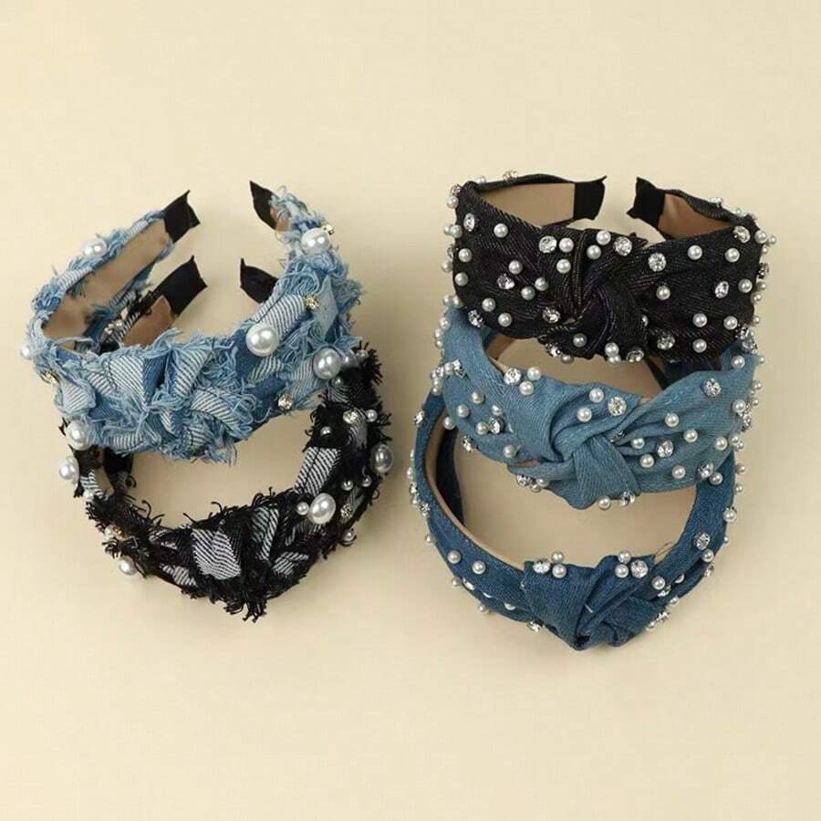 1 buc. Bandă de păr încrustată cu perle pentru femei, stil coreean nou, accesoriu de păr cu nod mijlociu, denim spălat, cerc larg pentru păr