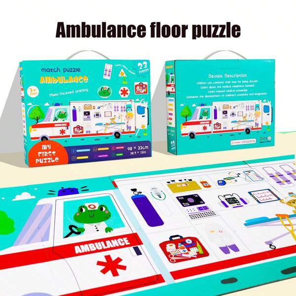 Bodenlegepuzzle Krankenwagen, 23 Teile Krankenwagen Bodenpuzzle (97 cm lang), extra dickes super großes Puzzle, interessantes Lernspielzeug für Kinder ab 3 Jahren, stabil und leicht zusammenzusetzen, Bodenpuzzle, Kleinkindspielzeug, Geschenk für Jungen und Mädchen, Puzzle Geschenkbox, Familienversammlung Geschenk, Geburtstags/Feiertagsgeschenk, Haushaltsartikel, Halloween Weihnachtsgeschenk, extra großes Bodenpuzzle, das Kinder lieben
