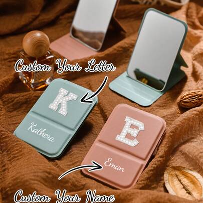 1Pc Personalization Makeup Mirror, Portable Embroidered Faux Pearl Letters Makeup Mirror, Pu Leather Small Mirror, Foldable, Travel Mirror, Suitable For Gifts, Travel Necessities, Makeup Necessities, Suitable For Traveling, Also Suitable For Home Use Makeup, Suitable For Bridesmaids, Graduation Season Boutique Gifts., Multi-Functional