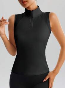 Parte superior de malla sin mangas de mujer con cuello alto y media cremallera, camisa deportiva transpirable para fitness, yoga y tenis