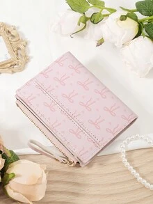 粉色蝴蝶结爱心图案多功能零钱包，时尚勃艮第钱包，女士短款钱包，两折设计，多卡位，银行卡收纳，信用卡收纳，零钱包，拉链开合，照片窗口，优质皮革，是送给女朋友、母亲、老师、情人节、日常使用、旅行必需品、办公室、购物的理想旅行包和礼品袋，女士必备钱包和卡夹 - 粉色 - 查看 4