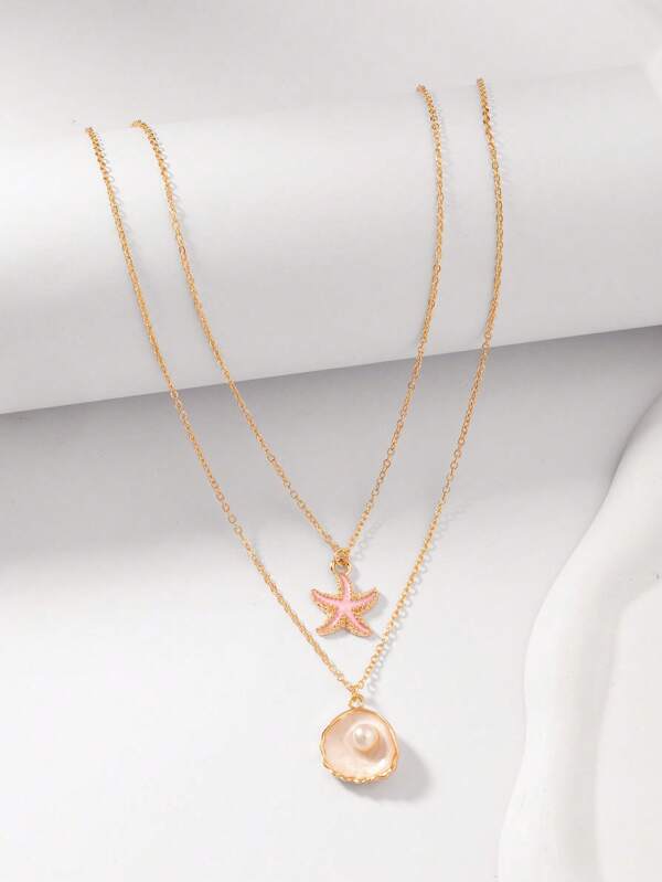 Set de 2 collares con colgante de estrella de mar esmaltada, perla y concha metálicos. Conjunto de collares florales lindos y de moda