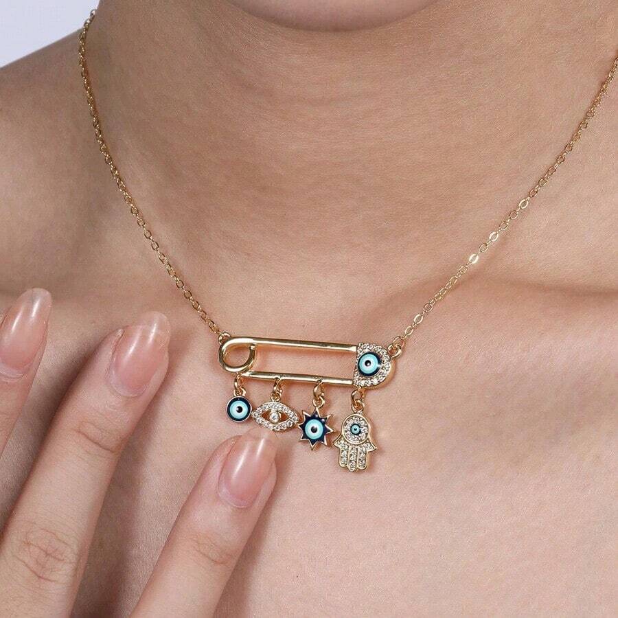 1pc Bestselling Paperclip & Eye Pendant Necklace, Stainless Steel Chain, Long Chain, Pendant Chain, Saudi National Day, Stainless Steel Jewelry, Rust-Proof Accessory, Crescent Jewelry, Women's Necklace, Gift For Girlfriend, Suitable For Travel, Date, Party, Summer Jewelry, Western Jewelry, Beach Accessory Jewelry, Dance Party, Beach, Summer, Jewelry, Accessory - Yellow Gold - View 1