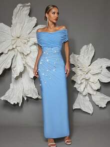 Off Shoulder Handmade Beaded Bodycon Bandage Dress, Sexy & Fitted, Suitable For Family Gatherings, Parties, Formal Events - Biru - View 5