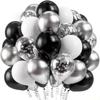 30 pièces Ballons en latex noir, blanc, argent et ballons à confettis. Les décorations noires et argentées conviennent parfaitement à la décoration extérieure ou de la pièce pour les fiançailles, les mariages, les anniversaires de princesse, les anniversaires, les célébrations et les cérémonies de remise des diplômes.