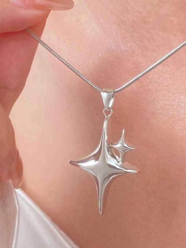 1pc Fashionable Simple Cross Star Necklace, Metallic Sunburst Chain Necklace Suitable For Women, Daily Wear