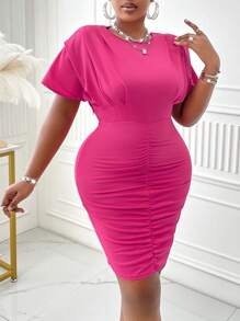 Women's Plus Size Round Neck Padded Shoulder With Ruched Hem Bodycon Dress