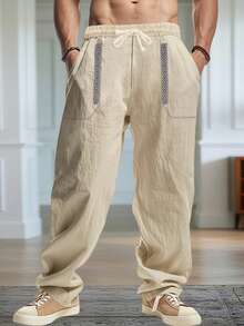 Men's Drawstring Linen Pants With Pockets Stylish Geometric Embroidery Casual Mid Rise Wide Leg Trousers For All Seasons - 卡其色 - 查看 1