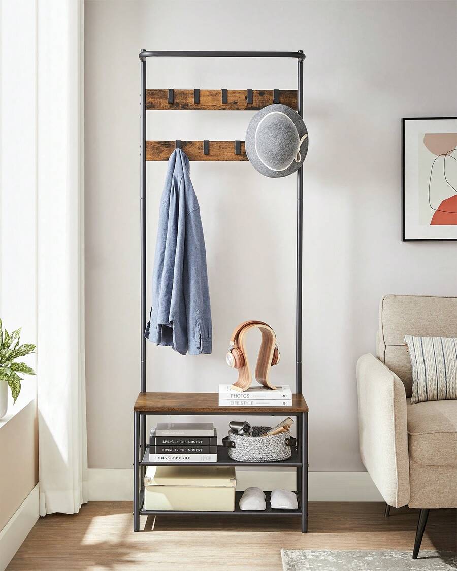 Meuble d Entrée, Porte-manteaux, avec Banc et Étagère à Chaussures, 9 Crochets Amovibles, Tringle, 32,2 x 84 x 180 cm, pour Entrée, Chambre, Style Industriel, Marron Rustique et Noir - Marron + Noir - Voir 1