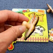 1 件卡通木制拼图玩具，早教手抓板，带卡通动物和水果图案，幼儿园认知发展拼图 - 彩色 - 查看 9