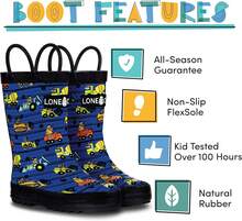 Botas de lluvia para niños y niñas Lone Cone - Botas de lluvia impermeables de goma natural para niños pequeños con suela antideslizante y asas de fácil agarre - Diseños lisos, con estampados y con purpurina - Monstruos de la construcción - Ver 2