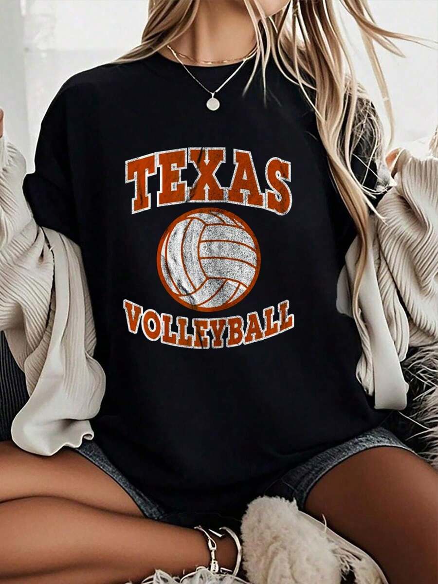 100% Cotton Texas Volleyball Vintage Distressed T-Shirt Summer Tops For Women - màu đen - Xem 1