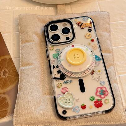 GUCADI 1 件黑边双层加厚防摔可爱 3D 绿色按钮涂鸦卡通 + 3D 黄色闪光格子磁吸手机壳适用于 Apple 16/15/14/13/12/11 系列防水防震防刮