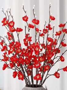 1/4/8pcs Artificial Flowers Red Plum Blossom 21.7'' Fake Wintersweet Long Stem Plastic Flowers Home Hotel Office Wedding Party Garden Decor