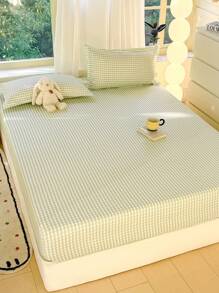 3 PiecesFitted Sheet Set, Checkered Pattern, Soft & Comfortable Bedding, Includes 1 Fitted Sheet And 2 Pillowcases, No Filling, Suitable For Dorm, Bedroom, Multiple Sizes Available