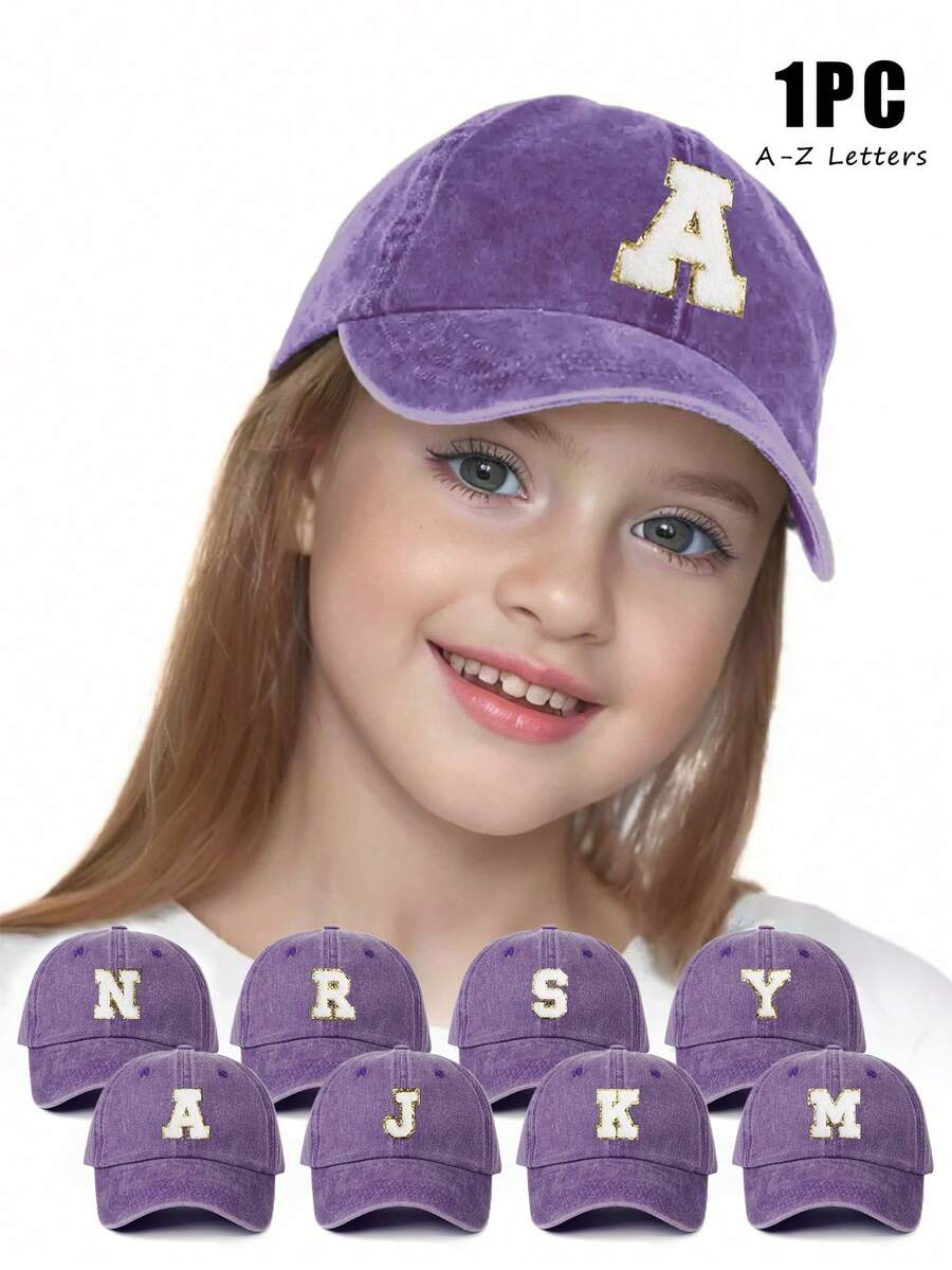 1 chiếc mũ bóng chày có thể điều chỉnh cho trẻ em thêu 26 chữ cái tiếng Anh, mũ chống nắng ngoài trời thông thường cho bé trai và bé gái, thích hợp cho du lịch mùa xuân/thu, bãi biển - Màu tím - Xem 1