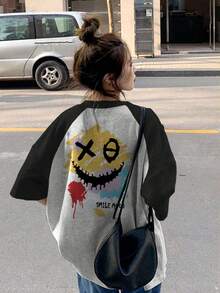 日式纯棉休闲女式圆领拼色卡通印花短袖T恤，百搭春夏季 - 深灰色 - 查看 2