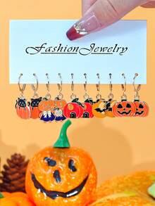 10件/40件新款欧美跨境万圣节系列耳环，可爱恐怖风格金属珐琅南瓜、鬼、蝙蝠、蜘蛛吊坠耳环套装女