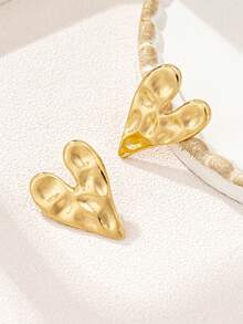 1 对/3 对合金豹纹心形皱纹设计耳环，适合女士，爱情派对可爱心形耳环，情人节，妈妈，母亲节，礼物 - 金黃色 - 查看 5