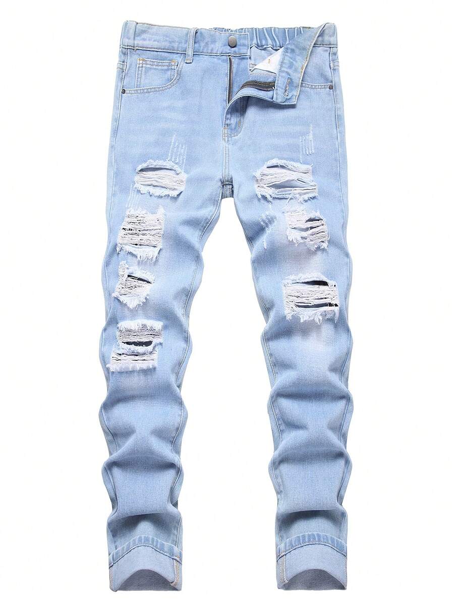Teen Boys' Casual Elastic Ripped Denim Jeans, All Season - Light Wash - View 1