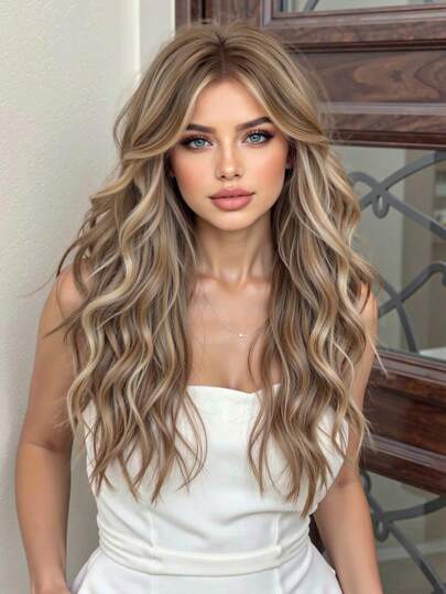 女士长波浪渐变棕色混合金色挑染假发，合成发质，耐热渐变色假发，适合日常派对角色扮演使用 - 24 英寸