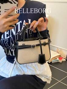 Casual Colorblock Textured Versatile Commuter Vintage Canvas Strap Buckle Women's Small Handheld Square Bag - Black - View 4