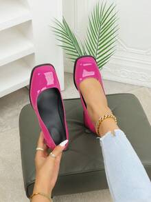 新款复古法式玛丽珍女鞋，高跟，韩版风格，纯色，别致方头粗跟鞋，春季款，优雅 - 玫紅色 - 查看 4