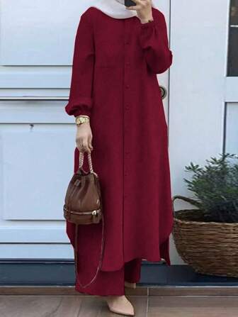 Ensemble veste longue boutonnée élégante et décontractée pour femme, couleur unie, avec manches lanternes et pantalon large, robe longue deux pièces de style arabe, idéale pour le printemps, l'été, l'automne et l'hiver.