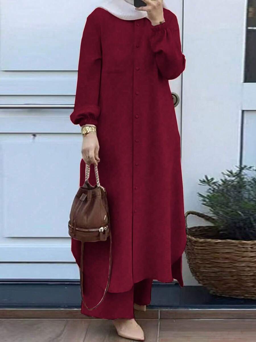 女款秋季優雅純色兩件套，鈕扣燈籠袖側開衩長外套與寬腿褲，可愛休閒四季穿搭