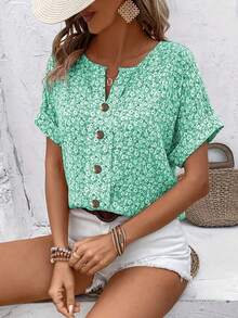 大码女式优雅碎花短袖纽扣前上衣，舒适休闲衬衫/T 恤，春夏秋季 - 綠色 - 查看 5