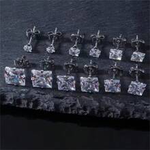 1 Pair 316 Stainless Steel Hypoallergenic Square Cubic Zirconia Stud Earrings, 18K Gold Plated Titanium Steel Zirconia Cartilage Clip Ear Cuffs, Minimalist Luxurious Rhinestone Earring Clips, Unisex Titanium Steel Sparkling Earrings, Perfect Holiday Gift