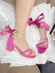 全新粗跟高跟鞋，适合少女，夏季时尚中跟优雅百搭女童高跟鞋 - 玫紅色 - 查看 4